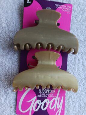 2 Goody Slideproof Inner Teeth Medium Claw Clips Hair Jaw Plastic GoldTan Blonde